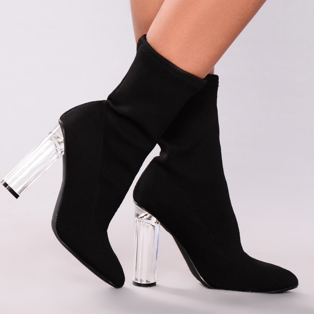 Black Sock Boots with Clear Heels (Never worn)